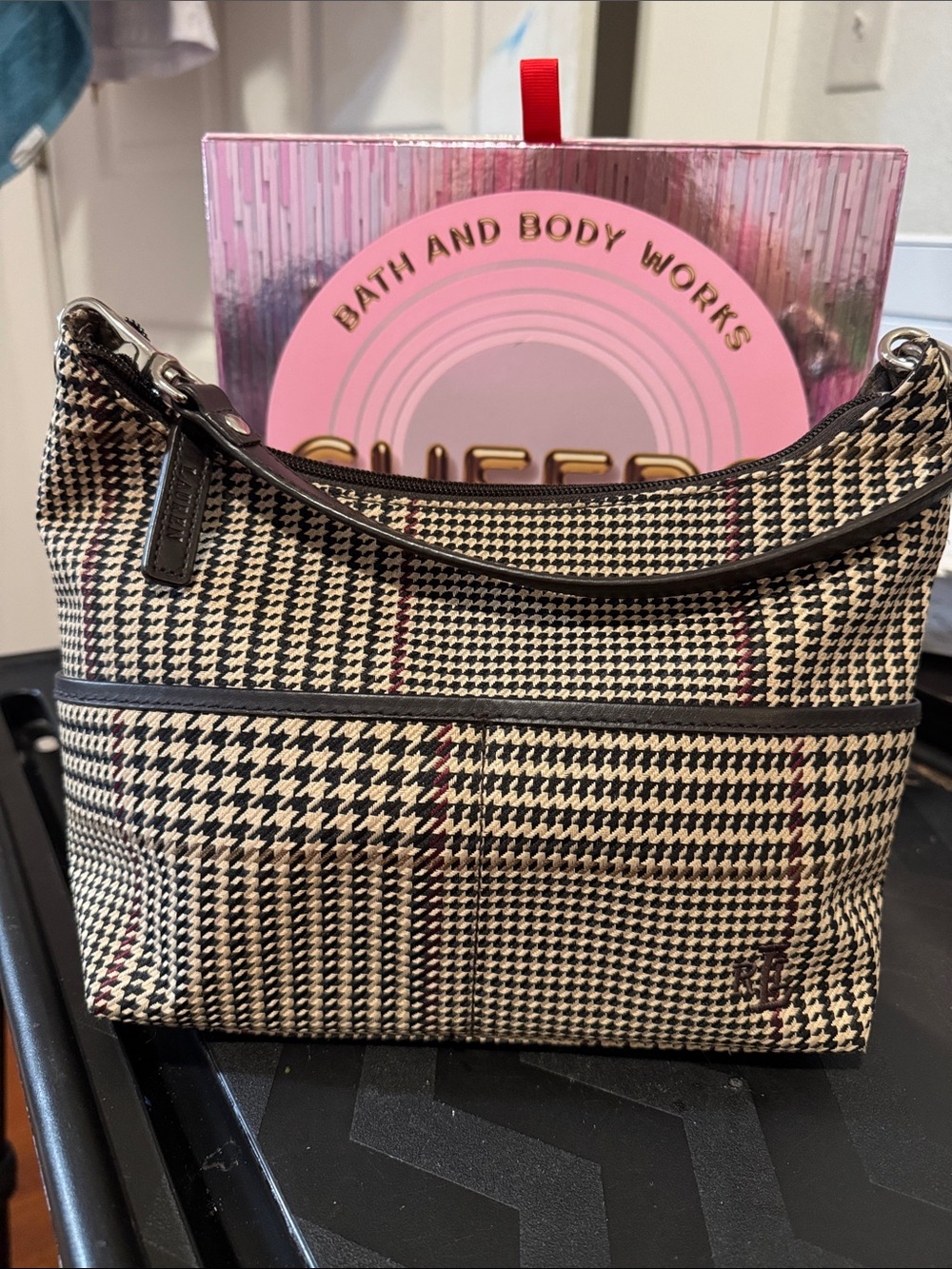 Plaid Houndstooth Shoulder Bag - Black & Cream
